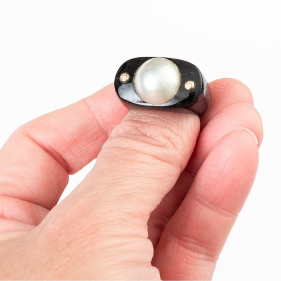 Pearl ring black agate 14K gold diamond accents chunky statement ring luxury 8 - Picture 6 of 16